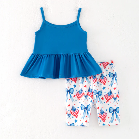 Girls Summer July 4th Red Blue Bow Flag Short Set
