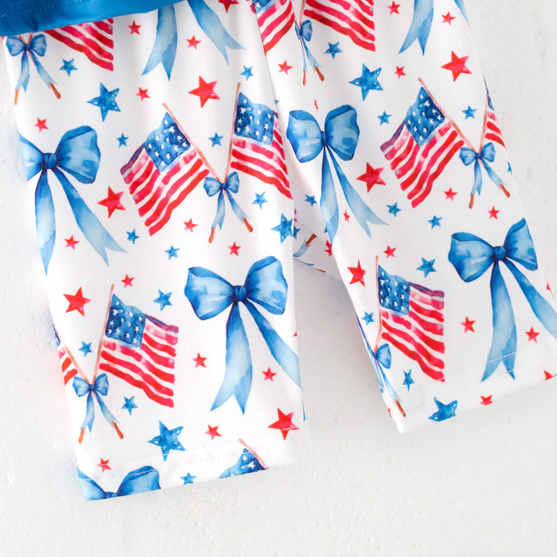 Girls Summer July 4th Red Blue Bow Flag Short Set