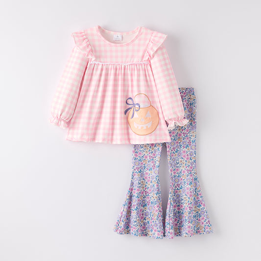 Girls' Halloween Embroidered Set – Pink Gingham Pumpkin Top + Floral Bottoms