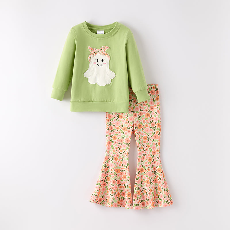 Girls Halloween Green Floral Ghost Applique Bell Pant Set