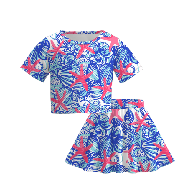 Summer Girls Dino Floral Starfish Print Toddler Skirt Set
