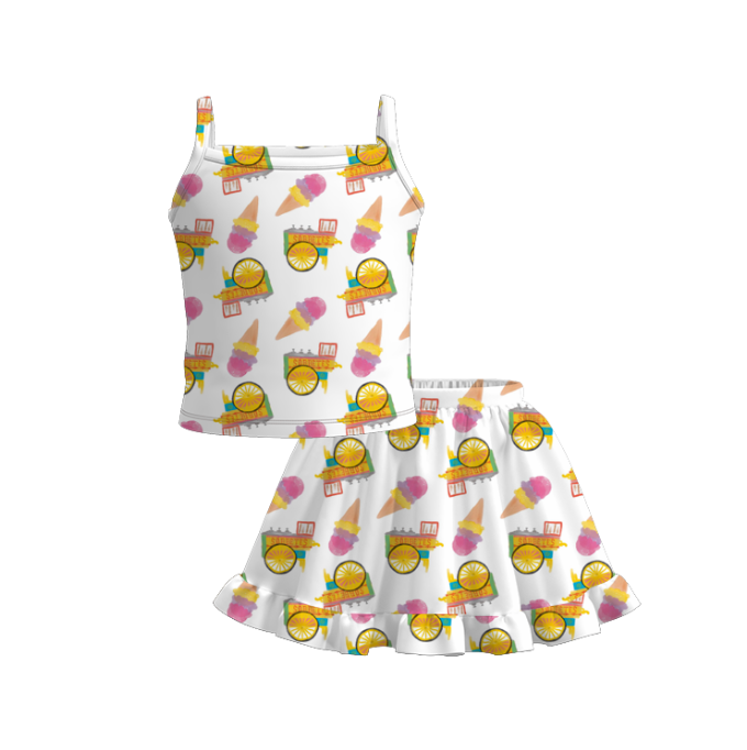 Girls Summer Ice Cream Print Milk Silk Skirt Set