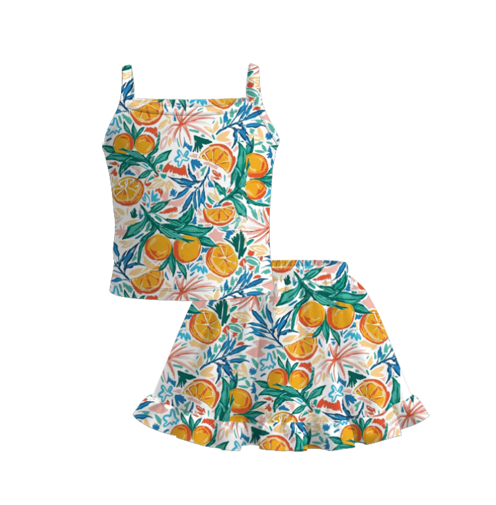 Girls Summer Orange Print Milk Silk Skirt Set