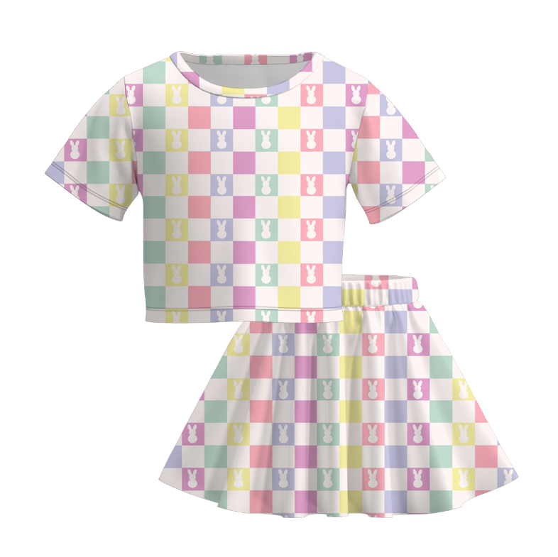 Spring Summer Easter Bunny Checkered Print Toddler Skirt Set