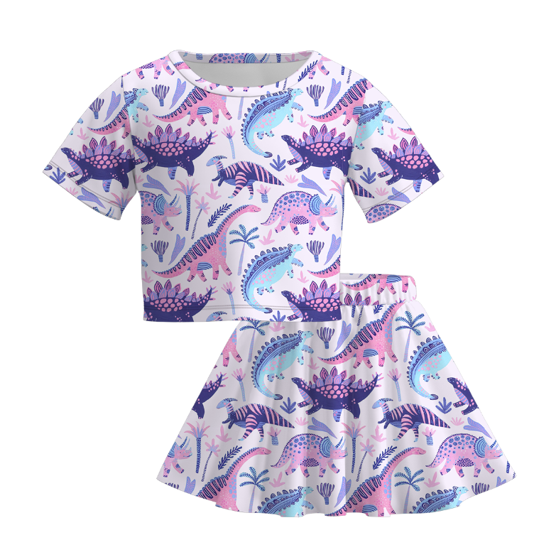 Spring Summer Lavender Dino Print Toddler Skirt Set