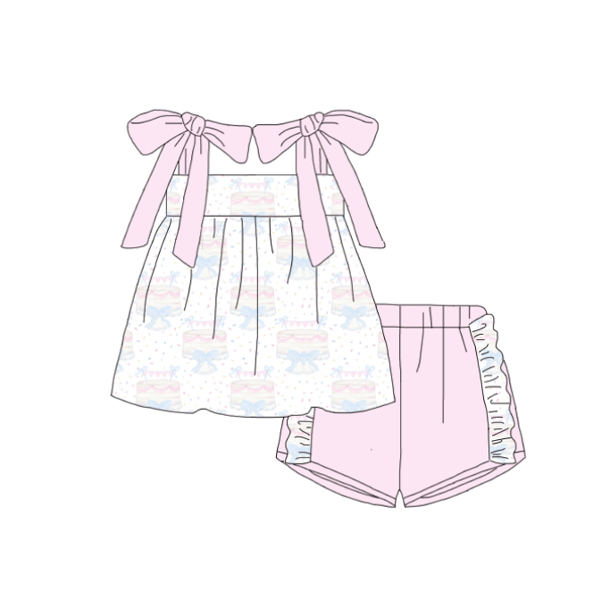 Girls Pink Cake Birthday Matching Dress Outfit Rubble Set
