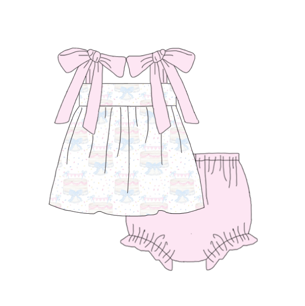 Girls Pink Cake Birthday Matching Dress Outfit Rubble Set