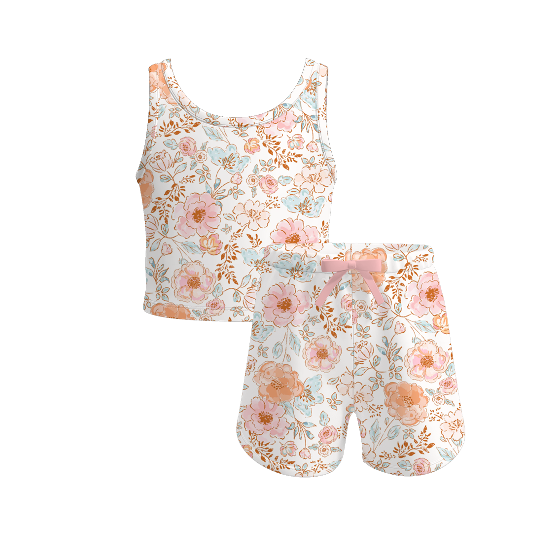 Girls Summer Flower Print Sleeveless Short Set