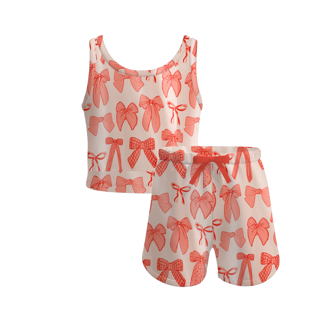 Girls Summer Coral Bow Print Sleeveless Short Set