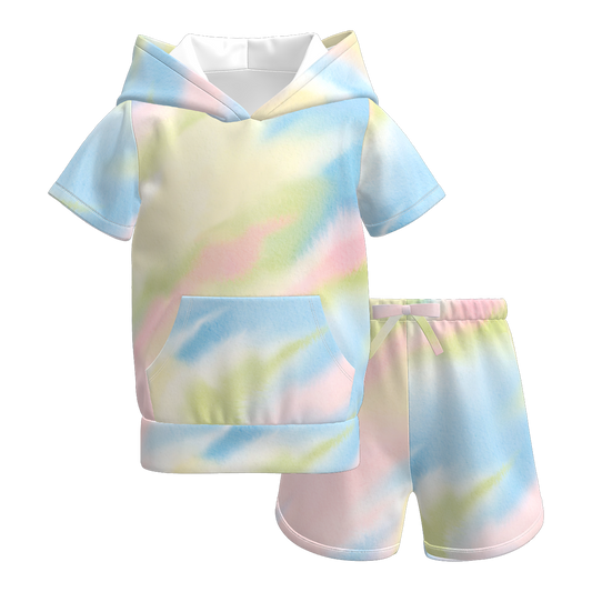 Girls Summer Tie-Dye Outdoor Hoodie Pocket Shorts Set