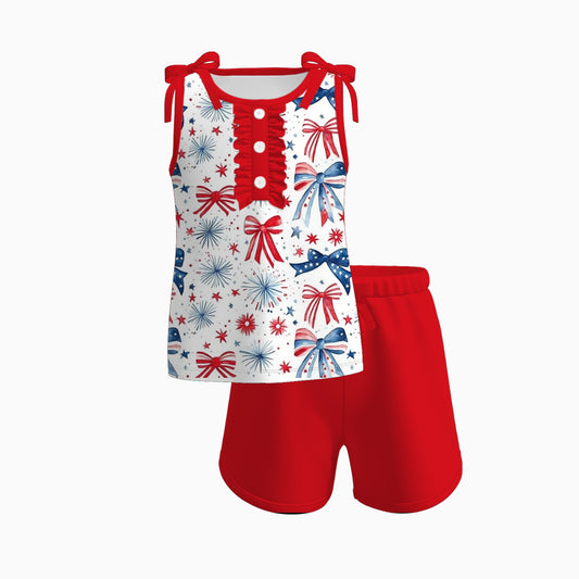 Girls July 4th Sibling Matching Red Blue Bow Clothes