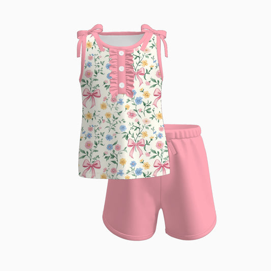 Girls Summer Sibling Matching Pink Bow Floral Clothes