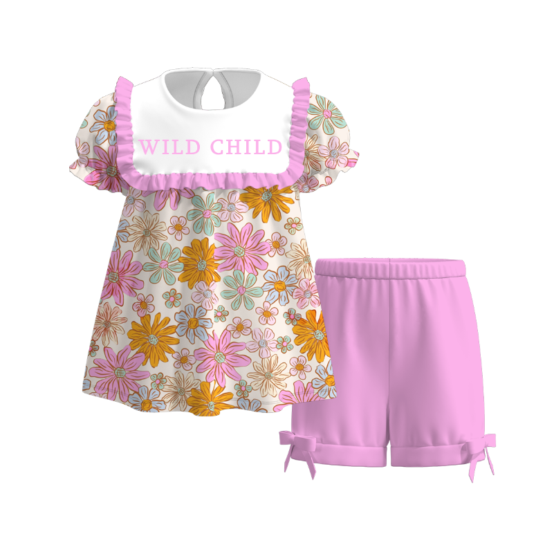 Girls Summer "Wild Child" Embroidered Pink Floral Short Set