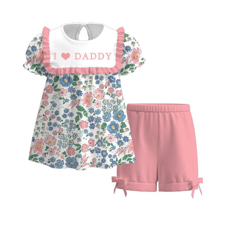 Girls Summer "I LOVE DADDY" Embroidered Pink Floral Short Set