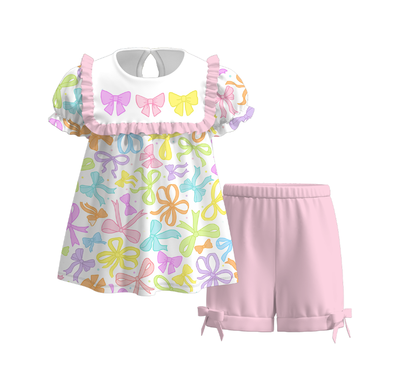 Girls Summer Bow Embroidered Pink Short Set