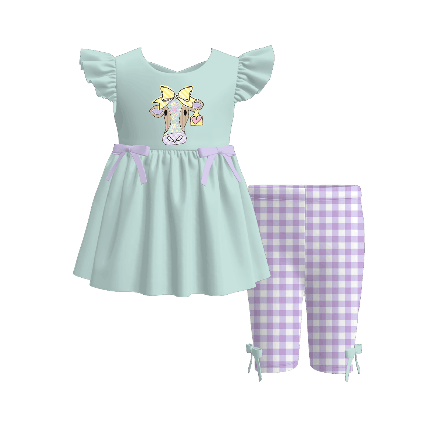 Girls Summer Farm Cow Print Teal Lavender Plaid Short Set
