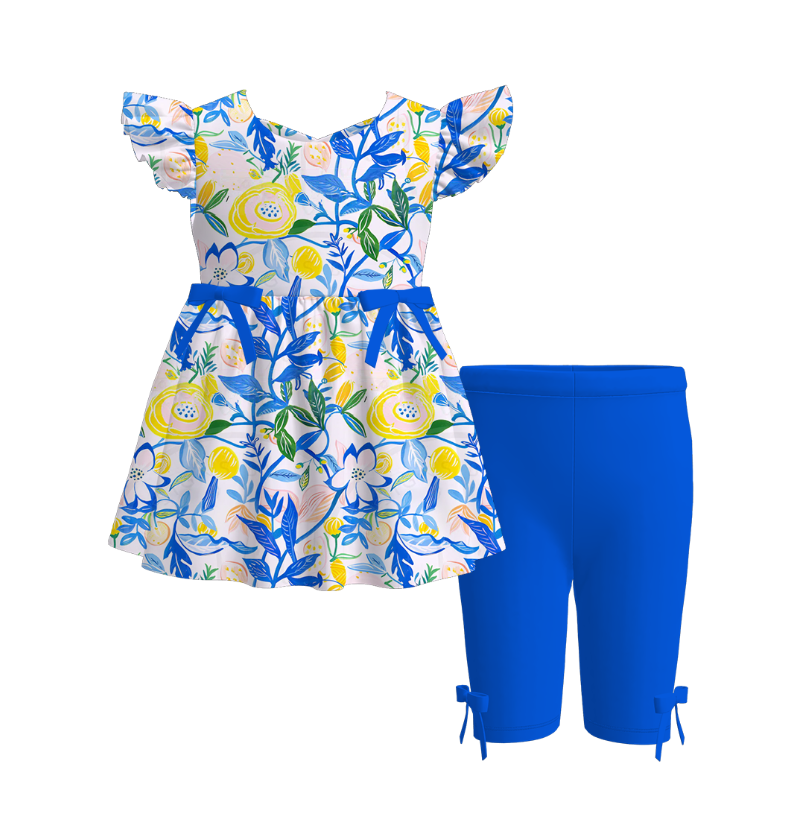Girls Summer Yellow Blue Flower Print Bow Short Set