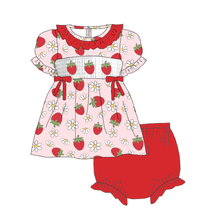 Baby Summer Strawberry Smocked Embroidered Romper Set