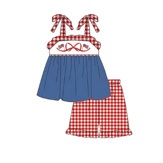 Siblings July 4th Flag Bow Embroidered Matching Clothes