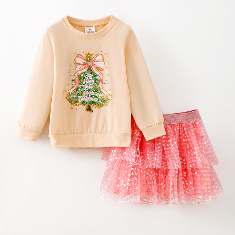Christmas Girls Outfit – Printed Top & Sequin Tulle Skirt Set