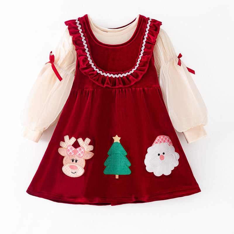 Christmas Velvet Dress & Romper Set with Embroidery – Reindeer, Tree & Santa