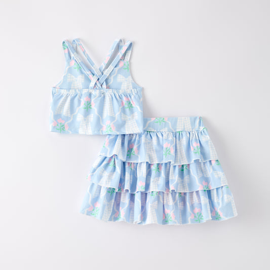 Girls Summer Blue Pink Bow Print Athletic Ruffled Skirt Set