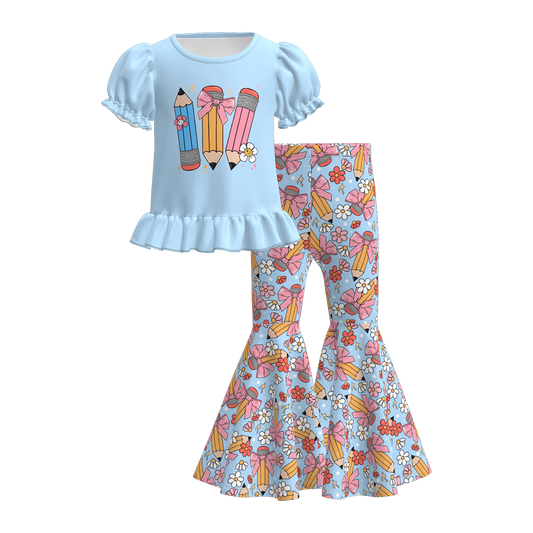 Girls Back To School Pencil Apple Print Bell Pant Set