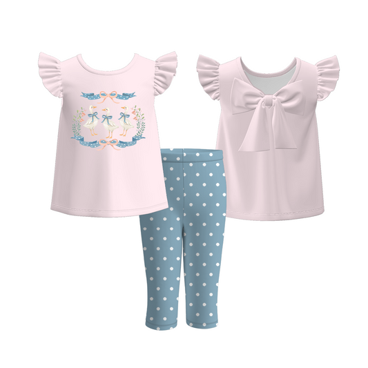 Girls Summer Silly Goose Print White Top Legging Set