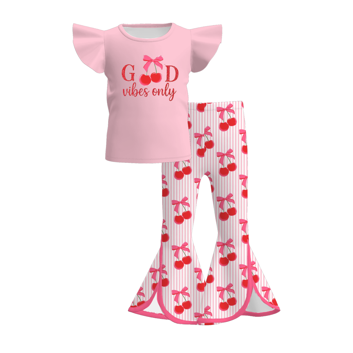 Girls Summer Boutique Cute Cherry Print Bell Pant Set