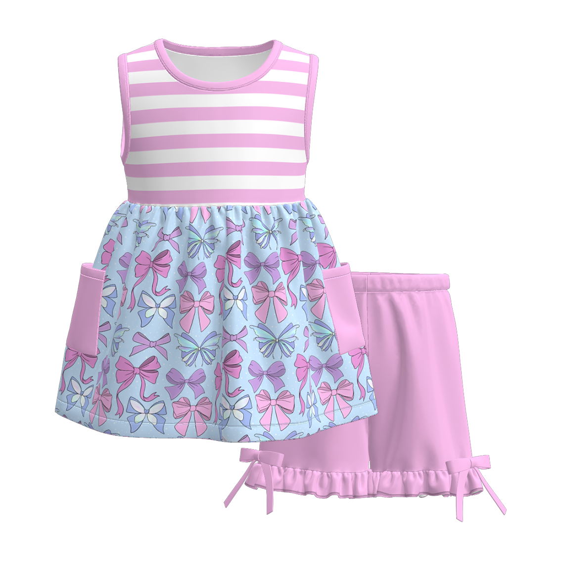 Siblings Girls Summer Pink Blue Bow Matching Clothes