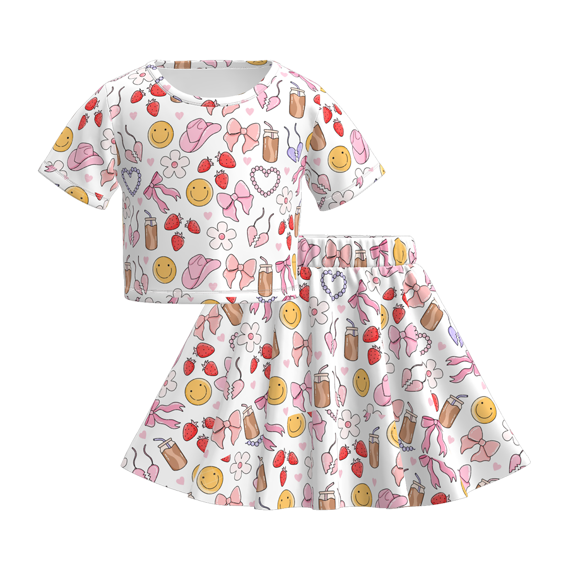 Girls Summer Butterfly Bow Print Skirt Set