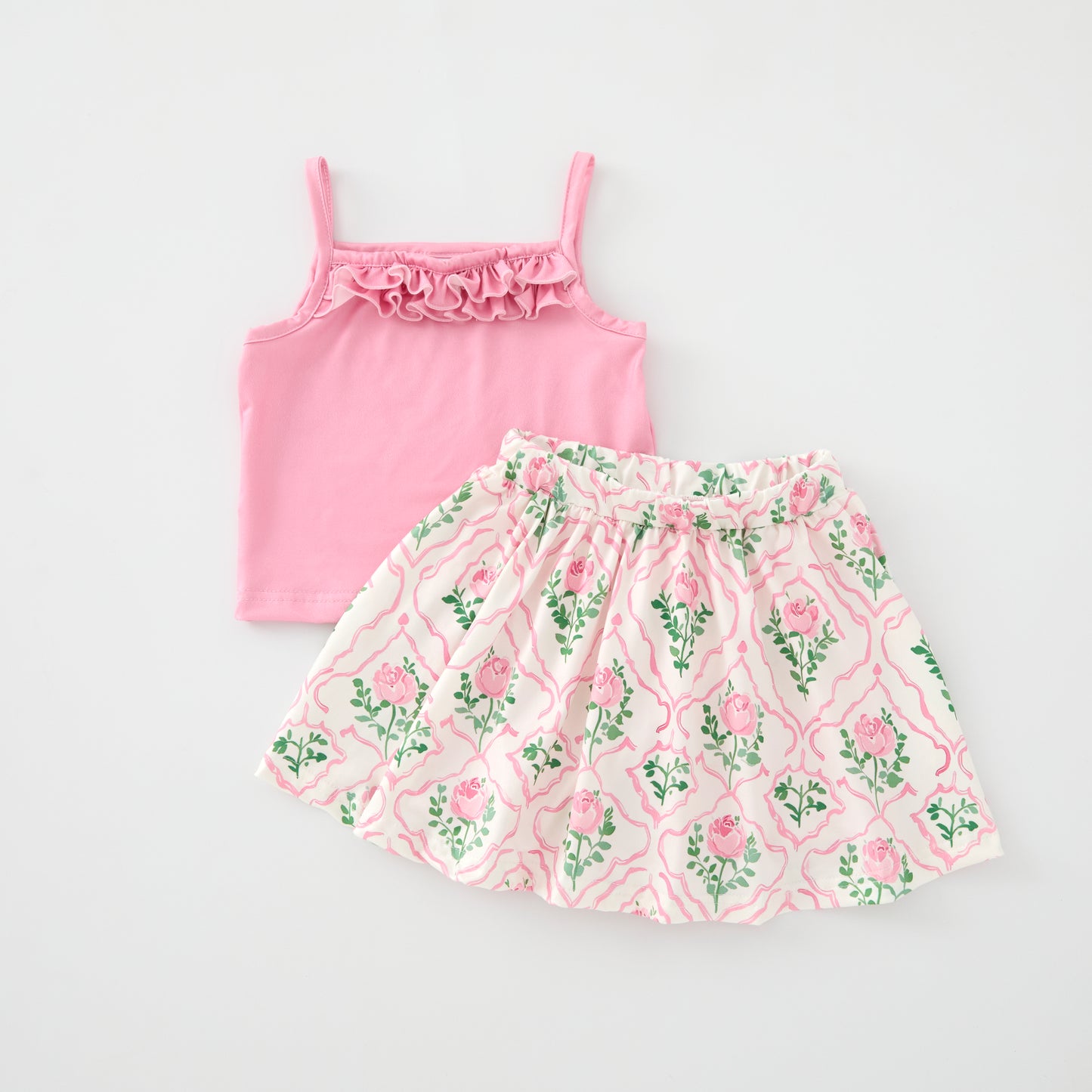 Girls Summer Pink Green Flower Print Slip Top Skirt Set