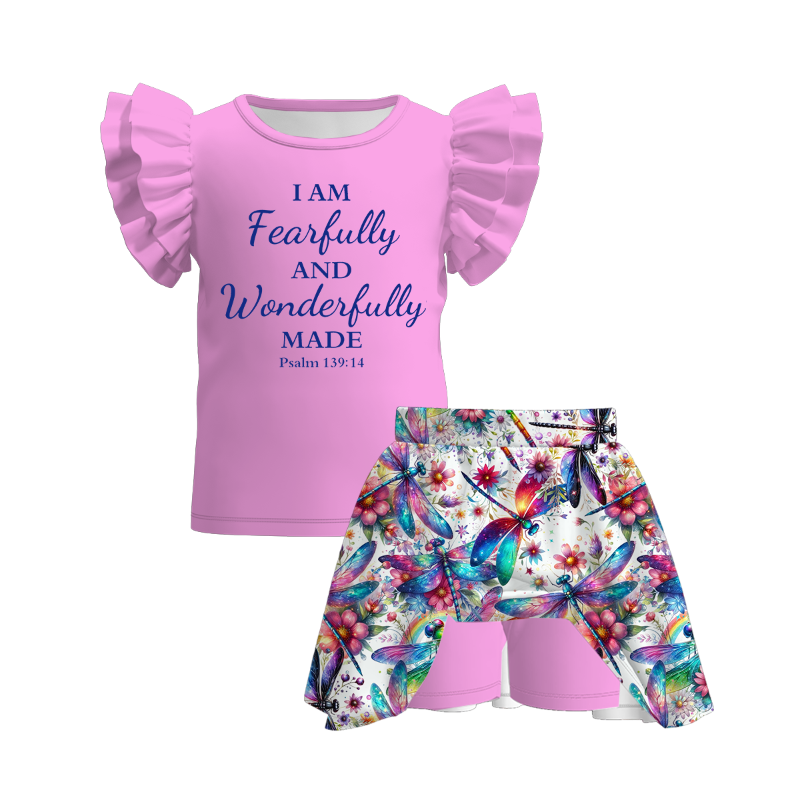 Girls Summer Pink Ruffled Top Dragonfly Skirt Set