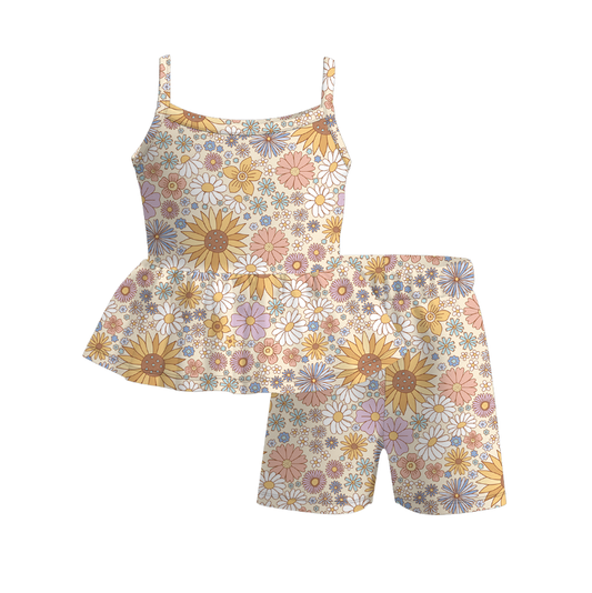 Girls Summer Plaid Floral Slip Short Set