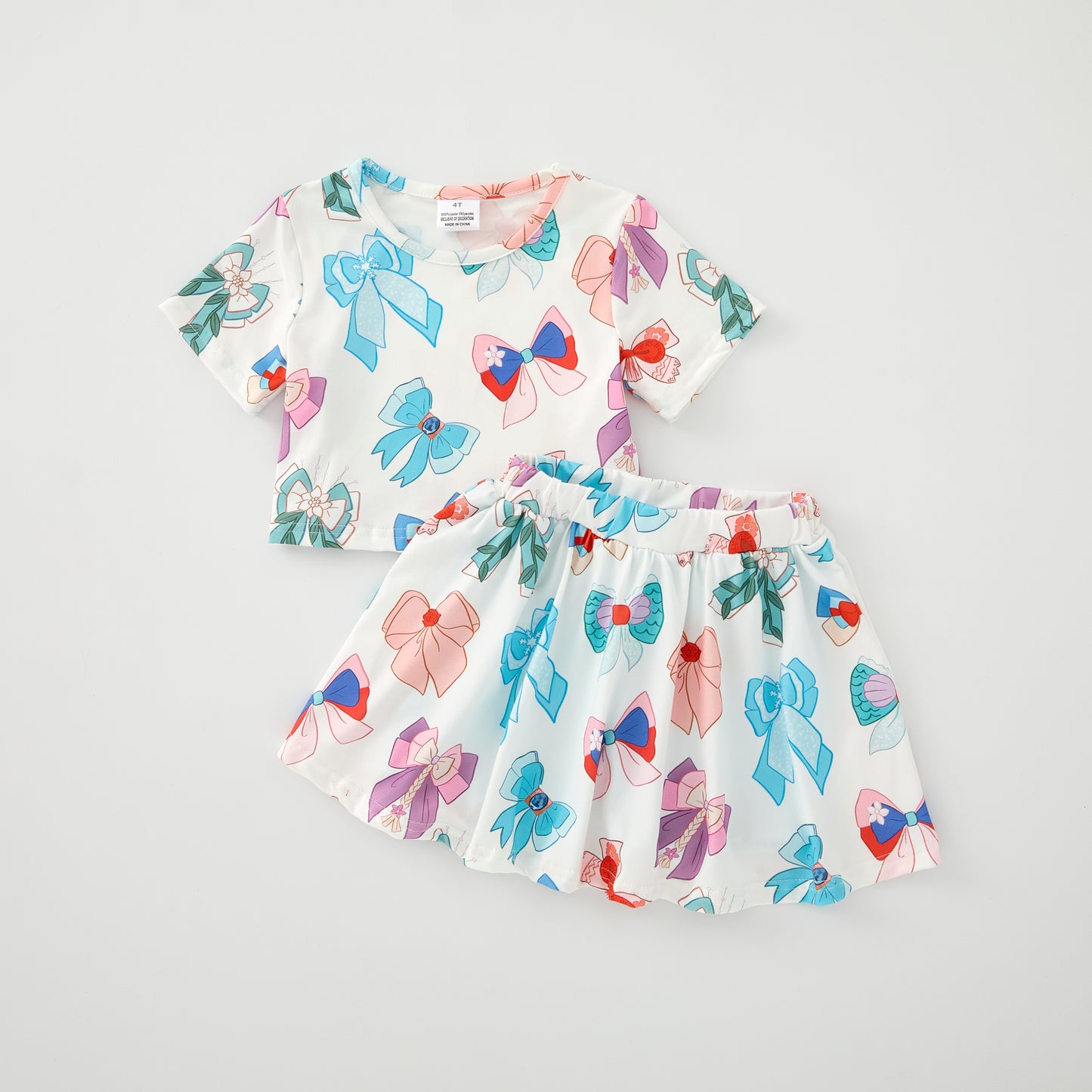 Girls Summer Colorful Bow Print Soft Skirt Set