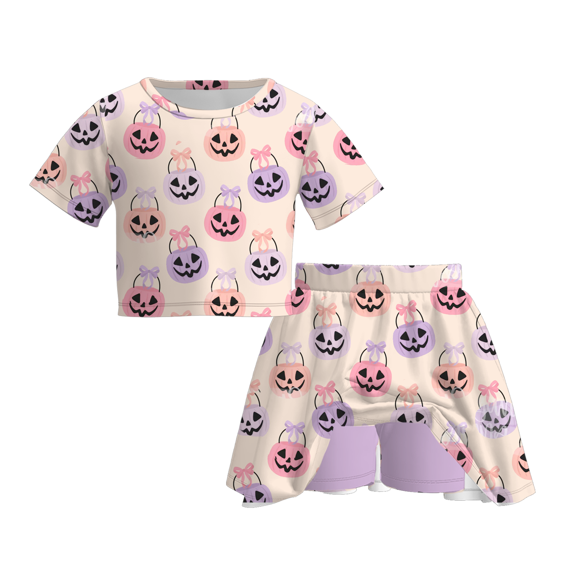 Sibling Halloween Pumpkin Print Mommy Me Dress & Top & Skirt Set
