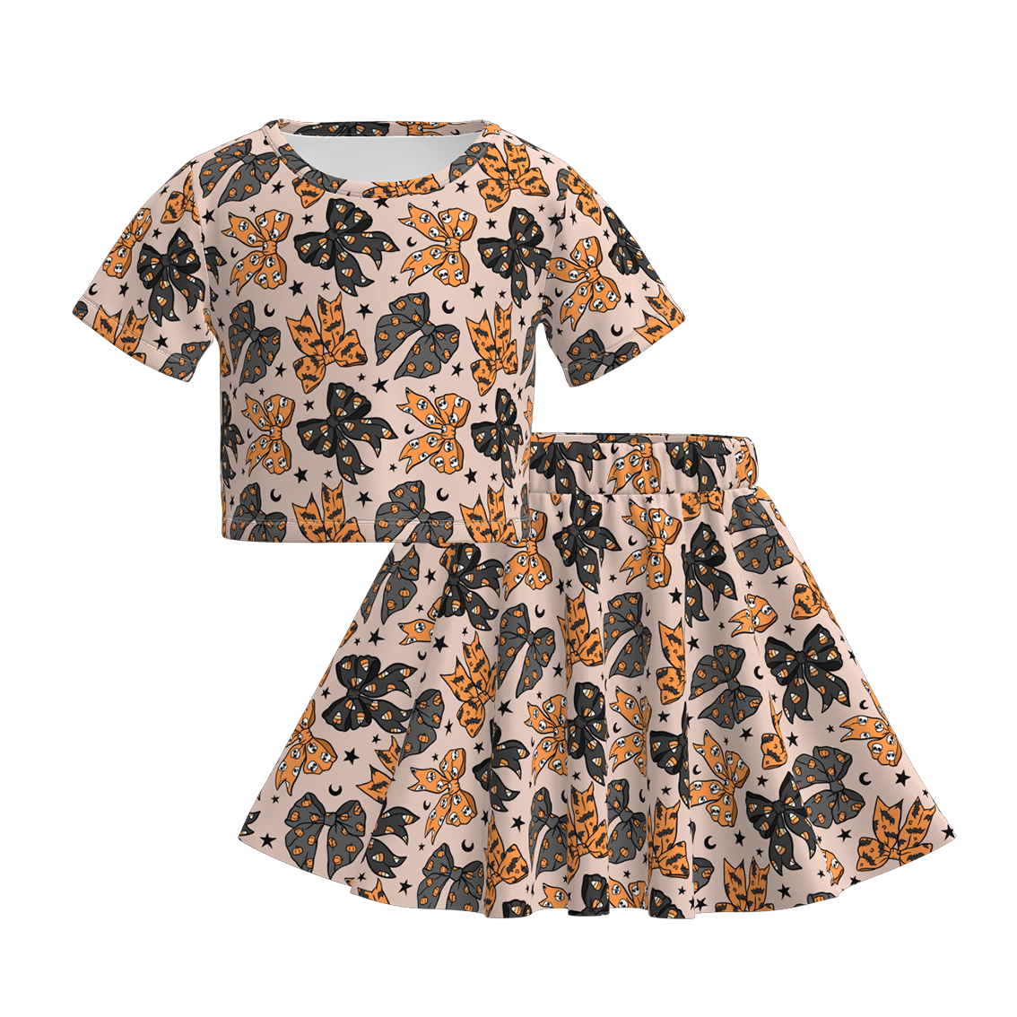 Girls Fall Halloween Black Orange Bow Skirt Set