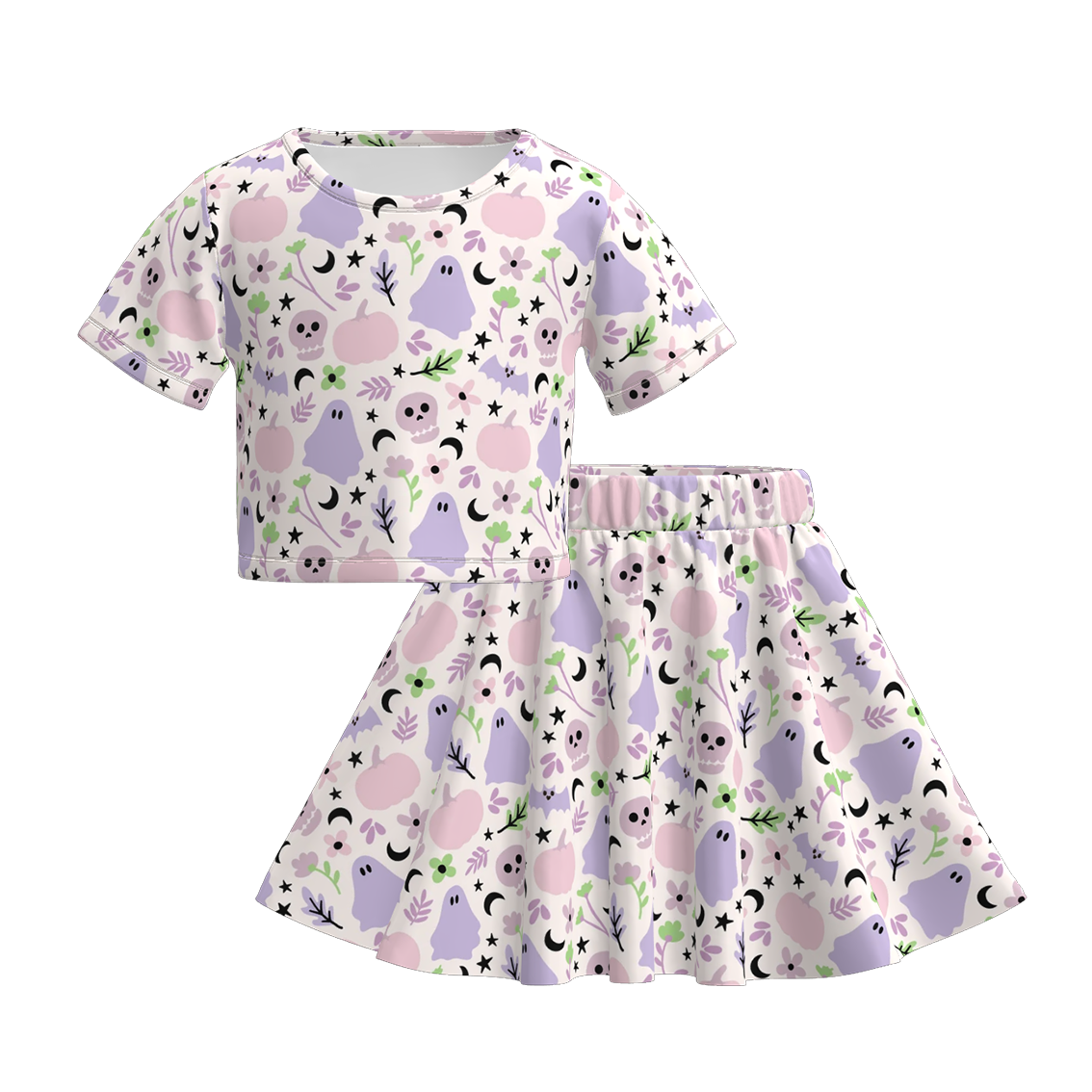 Girls Fall Halloween Pink Lavender Ghost Print Skrit Set