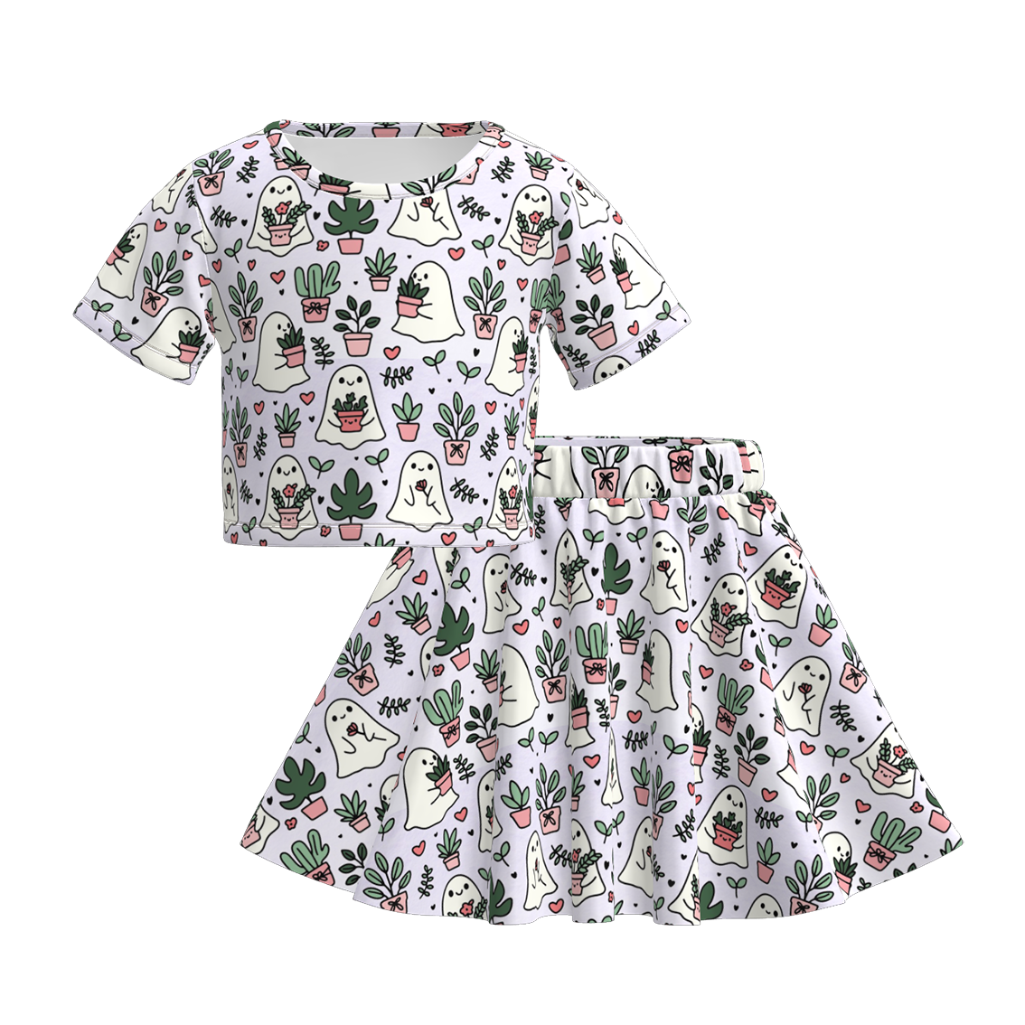 Girls Halloween Ghost Cactus Print Skirt Set