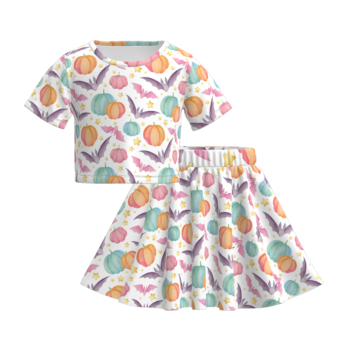 Girls Halloween Pumpkin Bat Print Skirt Set