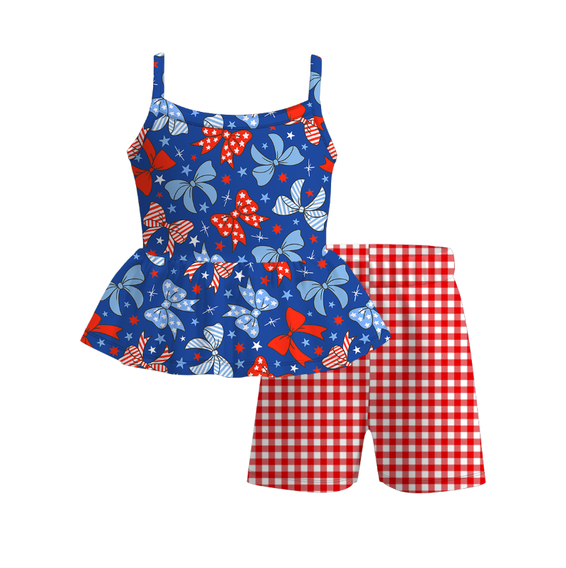 Girls July 4th Blue Bow Red Plaid Short Set