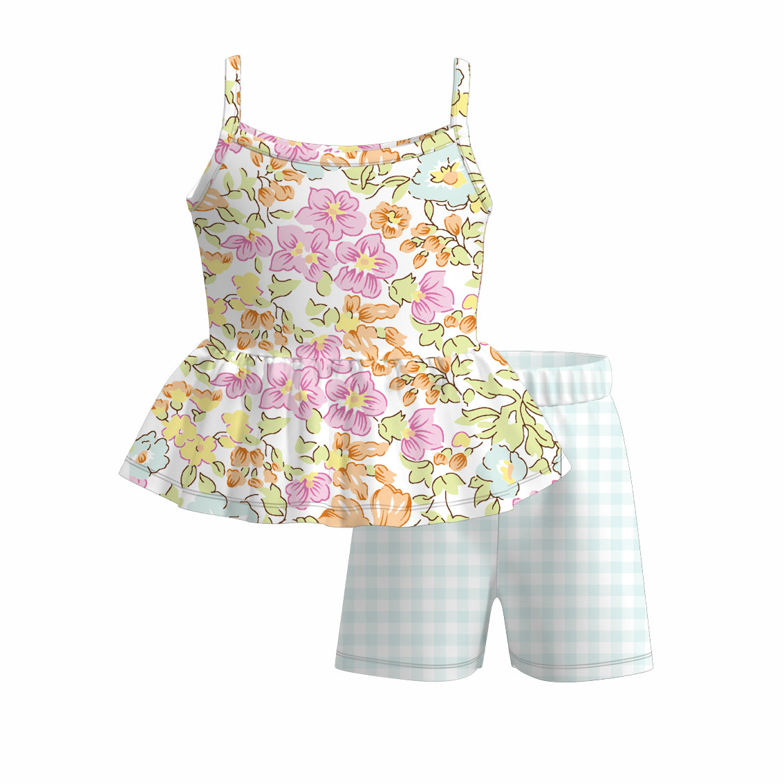 Girls Summer Hot Seller Flower Blue Plaid Short Set