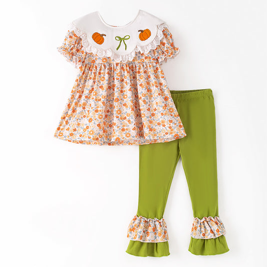 Thanksgiving Girls Smocked Outfit Set – Pumpkin Floral Embroidery Floral Sibling Collection