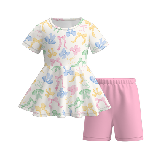 Girls Summer Chick Flower Bow Short Set