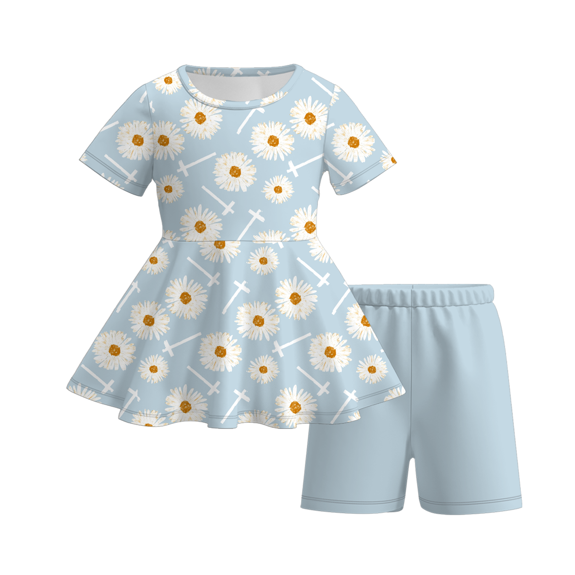 Girls Summer Chick Flower Bow Short Set