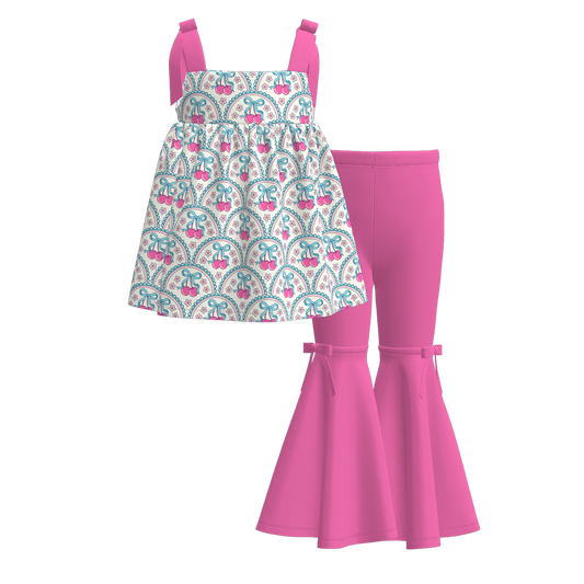 Girls Summer Milk Silk Cute Print Slip Top Bell Pant Set