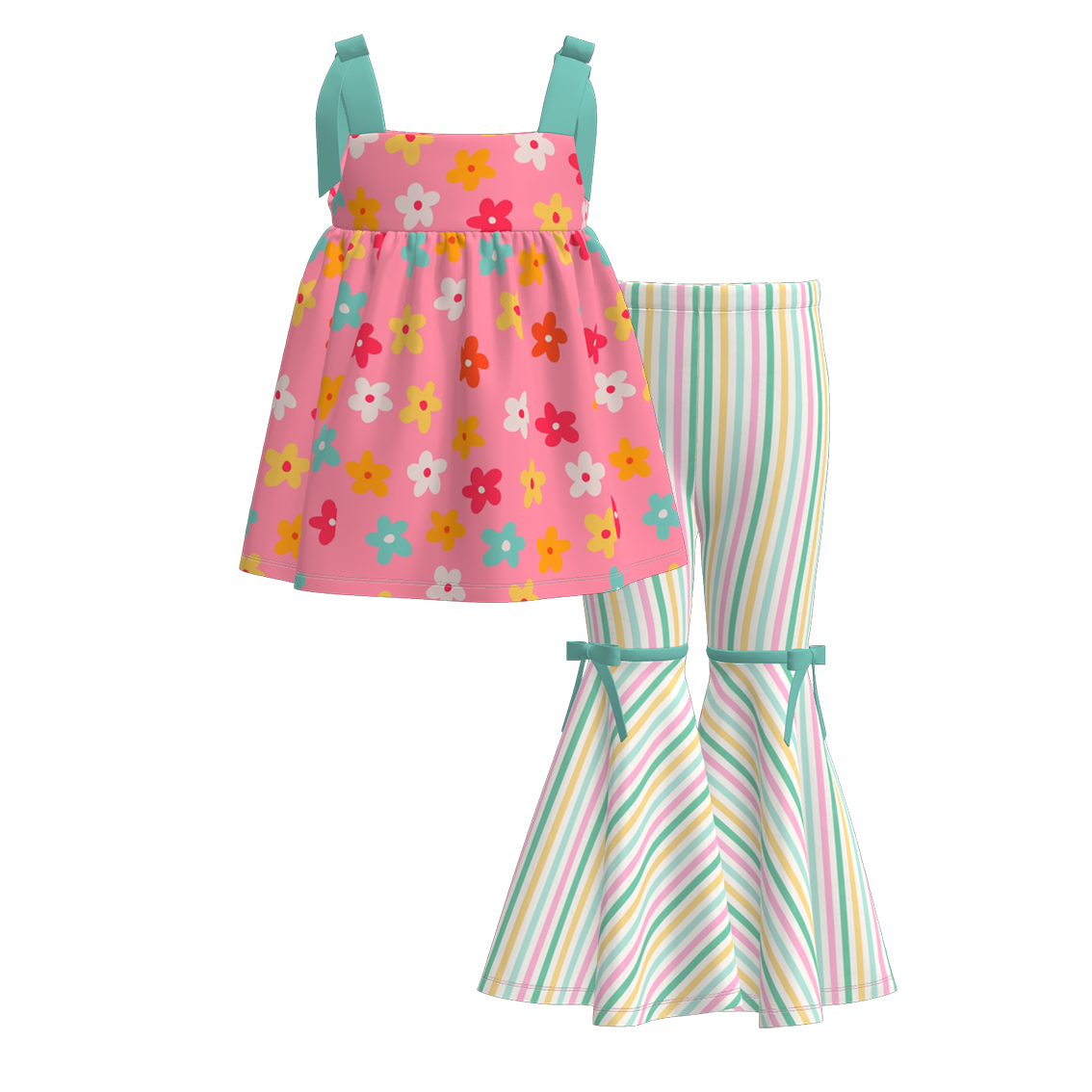 Girls Summer Milk Silk Cute Print Slip Top Bell Pant Set