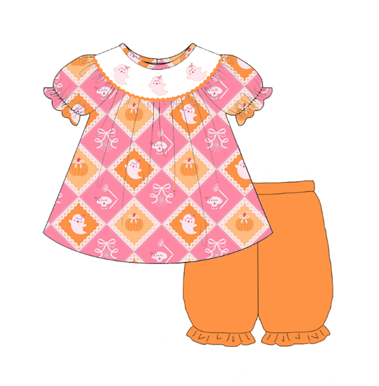 Girls Sister Halloween Ghost Smock Embroidery Short & Ropmer Set