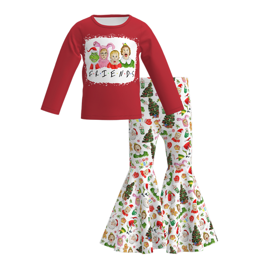 Girls Christmas Cartoon Print Long Sleeves Bell Pant Set