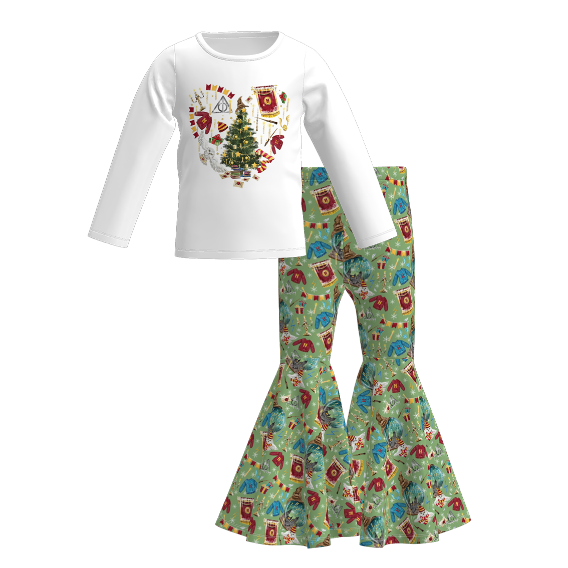 Girls Christmas Cartoon Print Long Sleeves Bell Pant Set